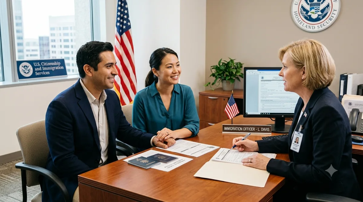 ​A candid photo of a mixed-race couple, smiling, holding hands, and seated at a desk across from a female immigration officer in a brightly lit USCIS office. Passports and documents are visible.