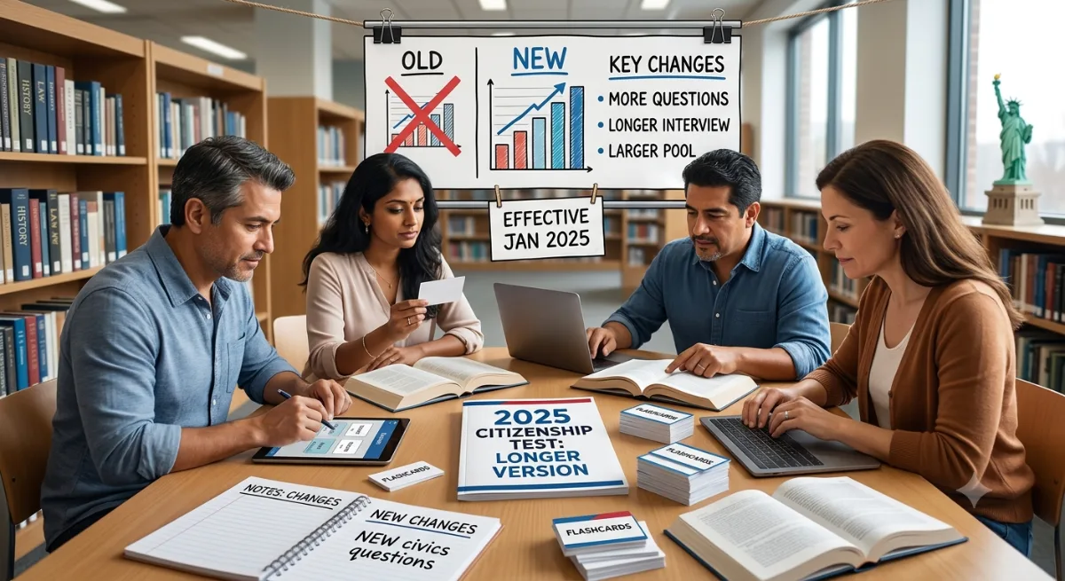​A group of four adults studies intensely around a large table, looking at open books, tablets, laptops, and flashcards. A sign on the wall behind them shows a simple illustration.