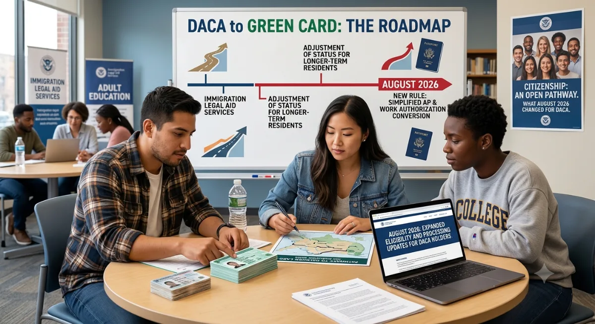 A wide-angle, informative photograph inside a modern adult learning and legal aid center. In the foreground, a diverse group of three young adults (a Latino man, an Asian woman, and a Black woman)