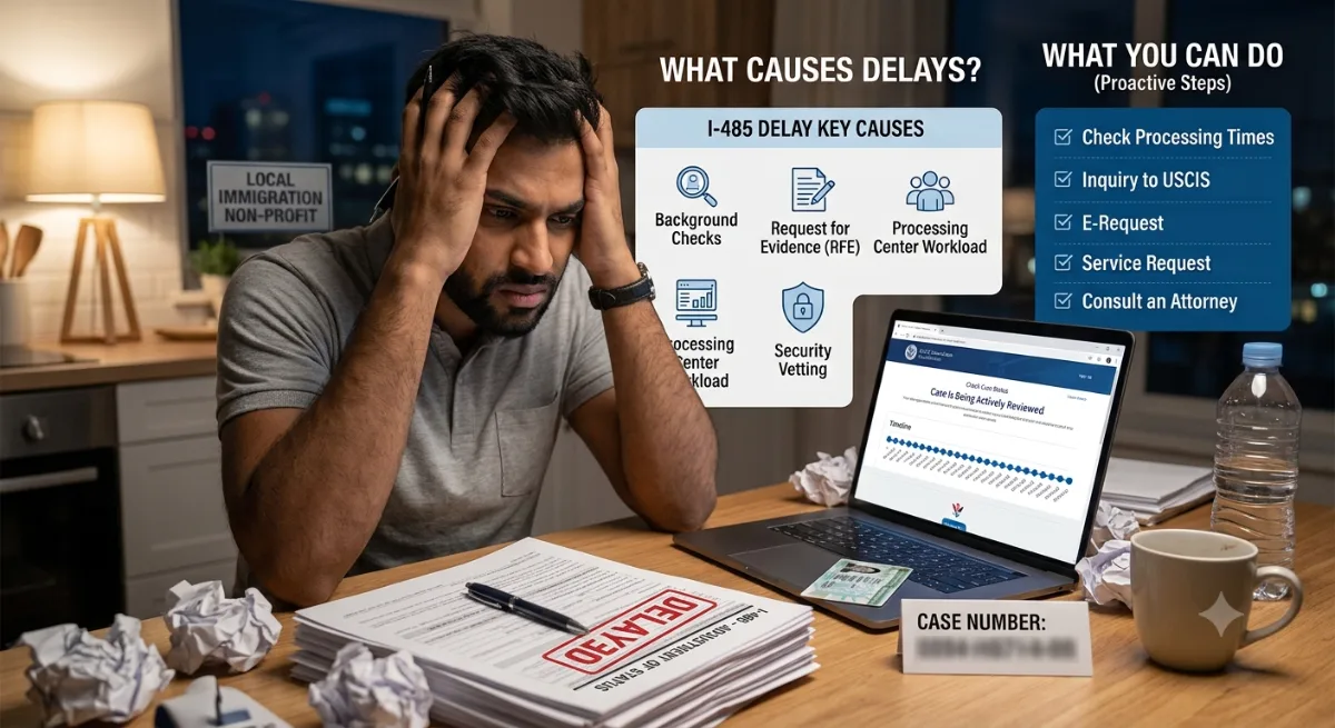 ​A stressed man holding his head at a desk with immigration documents and a laptop, surrounded by graphics listing I-485 delay causes and proactive steps.