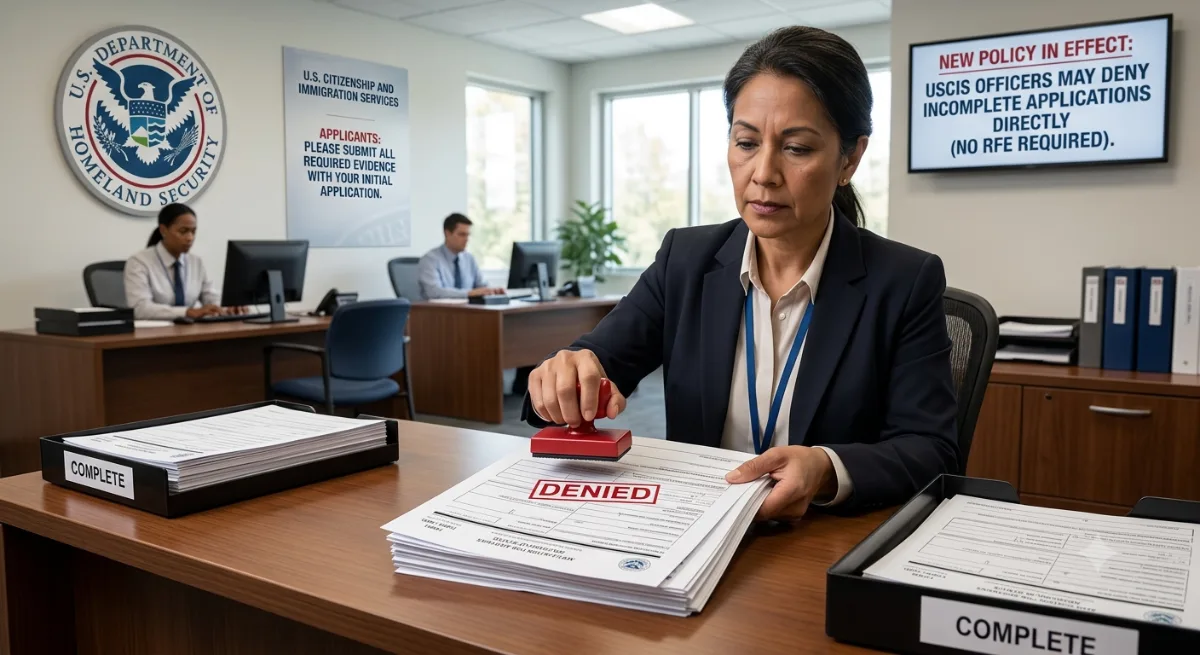 ​A USCIS officer stamping "DENIED" on an immigration application form at a desk, with a digital sign displaying a policy update on direct application denials.