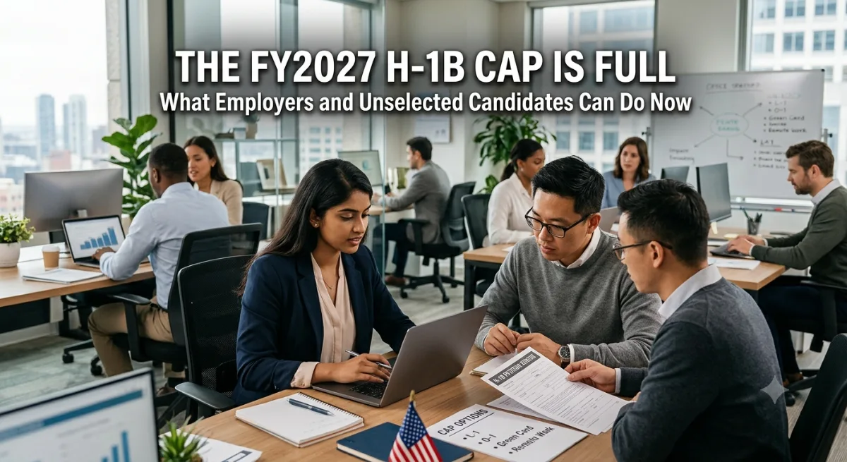 ​Diverse professionals collaborating in a modern office, overlayed with text reading "THE FY2027 H-1B CAP IS FULL: What Employers and Unselected Candidates Can Do Now".