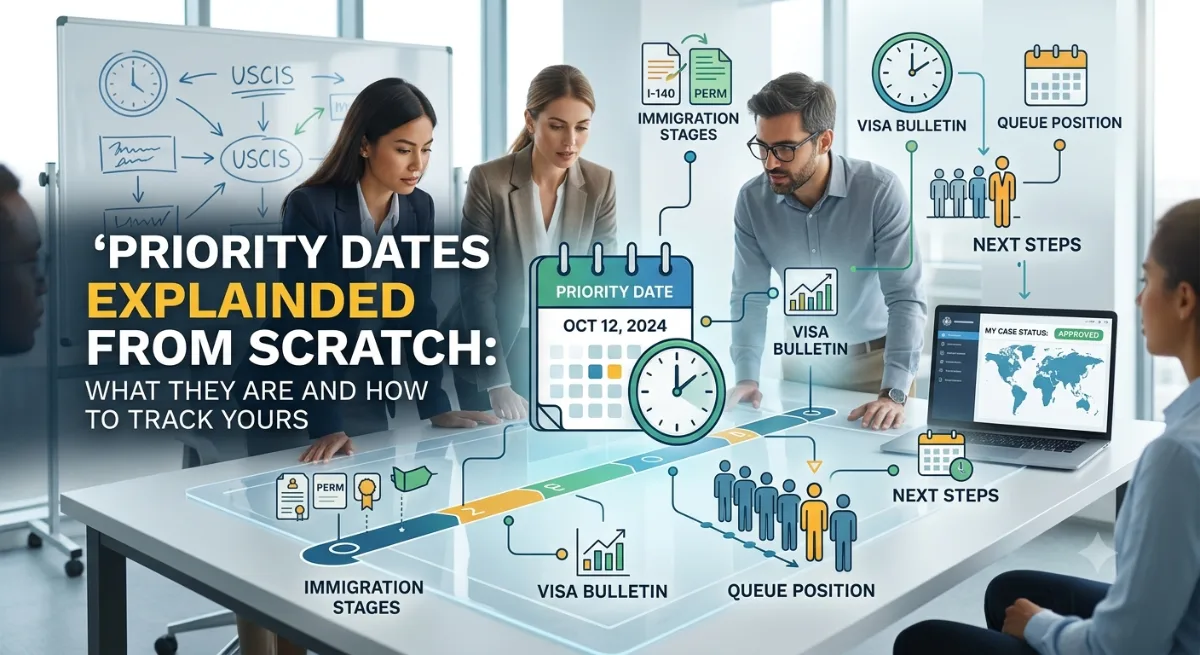 ​A professional team standing around an interactive table displaying an immigration timeline, with text overlay reading "'PRIORITY DATES EXPLAINED FROM SCRATCH: WHAT THEY ARE AND HOW TO TRACK YOURS'".
