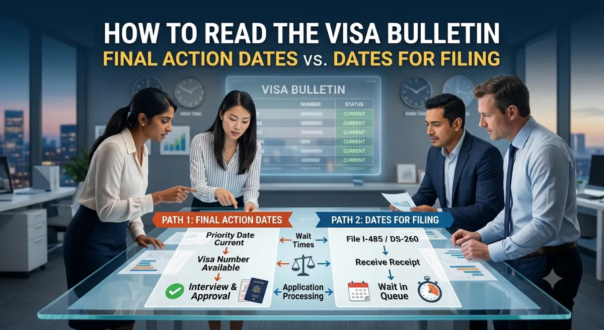 ​A team analyzing a digital Visa Bulletin comparison on a glass table, overlayed with text reading "HOW TO READ THE VISA BULLETIN: FINAL ACTION DATES vs. DATES FOR FILING".