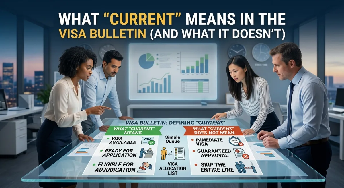 A corporate team analyzing a Visa Bulletin diagram on a glass table, overlayed with text reading "WHAT 'CURRENT' MEANS IN THE VISA BULLETIN (AND WHAT IT DOESN'T)".