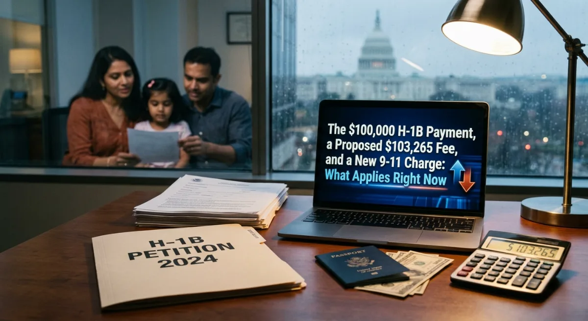 A desk with an H-1B petition folder, calculator, and laptop displaying text about H-1B fees, with a family visible in the background.