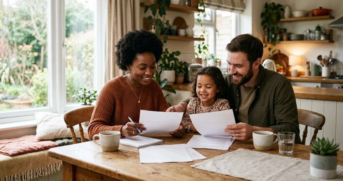 A smiling family sitting together at a dining table review paperwork and documents in a cozy kitchen setting.