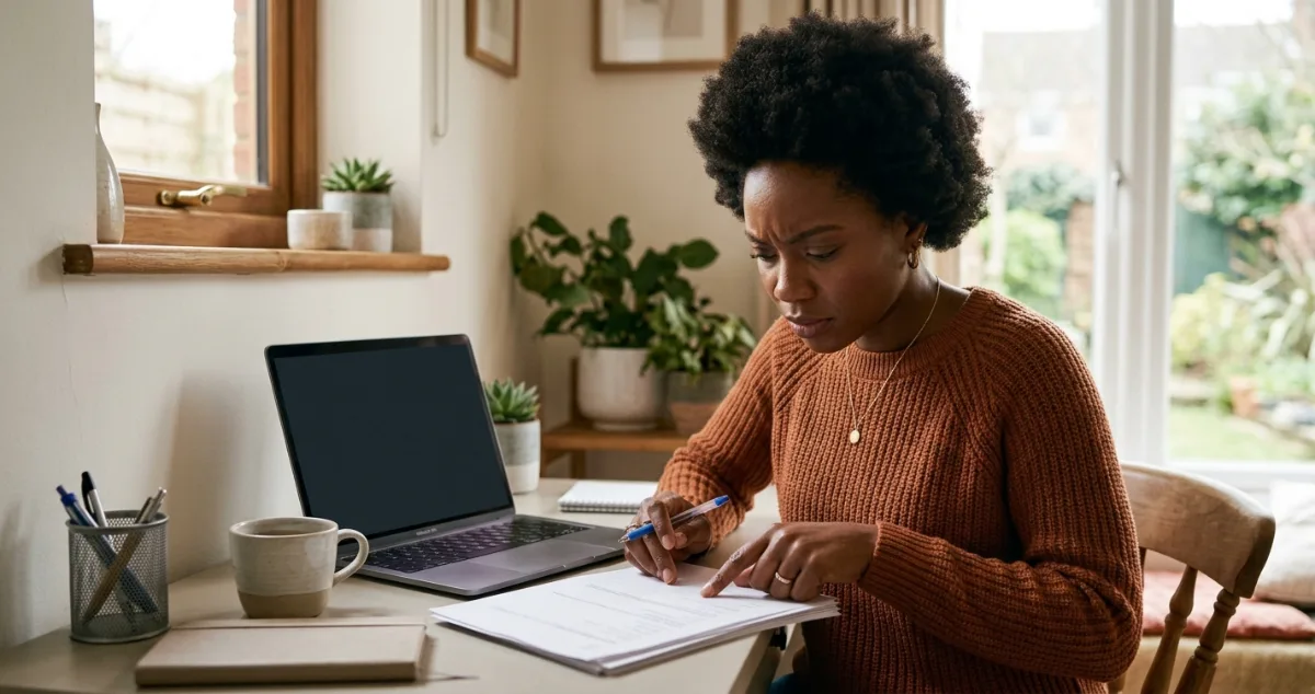A focused woman sitting at a desk next to a laptop, carefully reviewing and filling out printed documents.