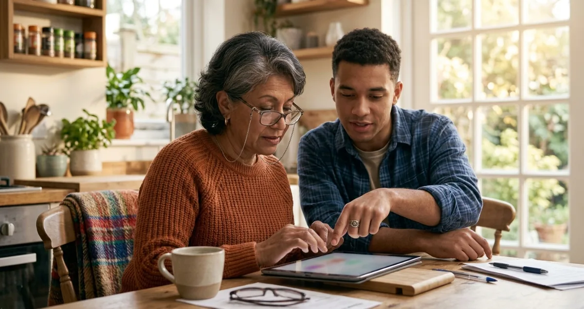 A young man helping an older woman navigate content on a digital tablet at a home kitchen table.    JPG