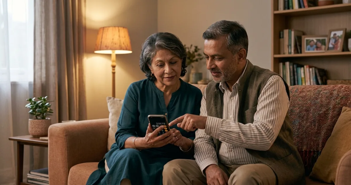 An older couple sitting on a sofa looking together at a smartphone screen in a warm living room.