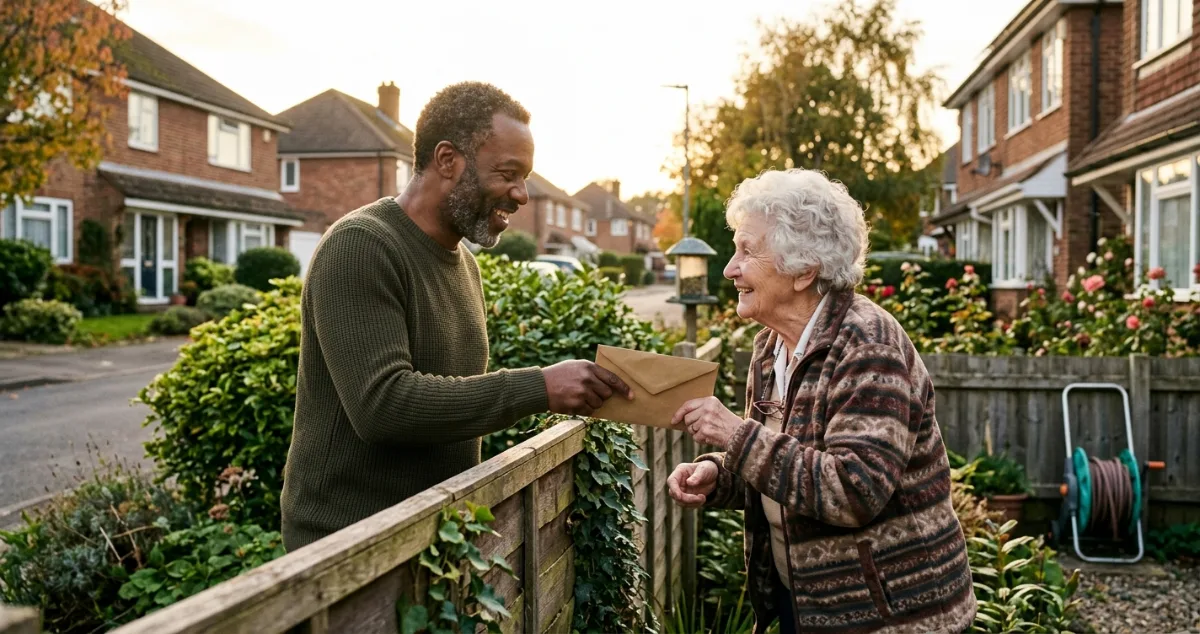 A smiling man handing an envelope to an elderly neighbor over a garden fence on a suburban street.    JPG