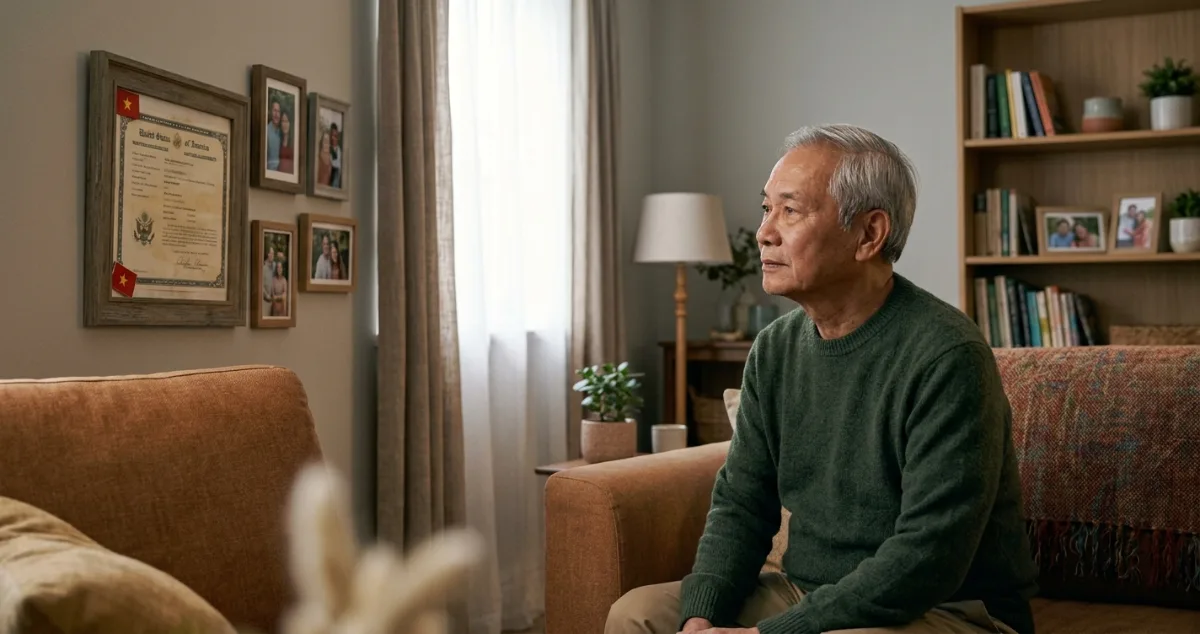 An elderly man sitting thoughtfully on a sofa in a living room, looking toward framed family photos and a framed document on the wall.    JPG