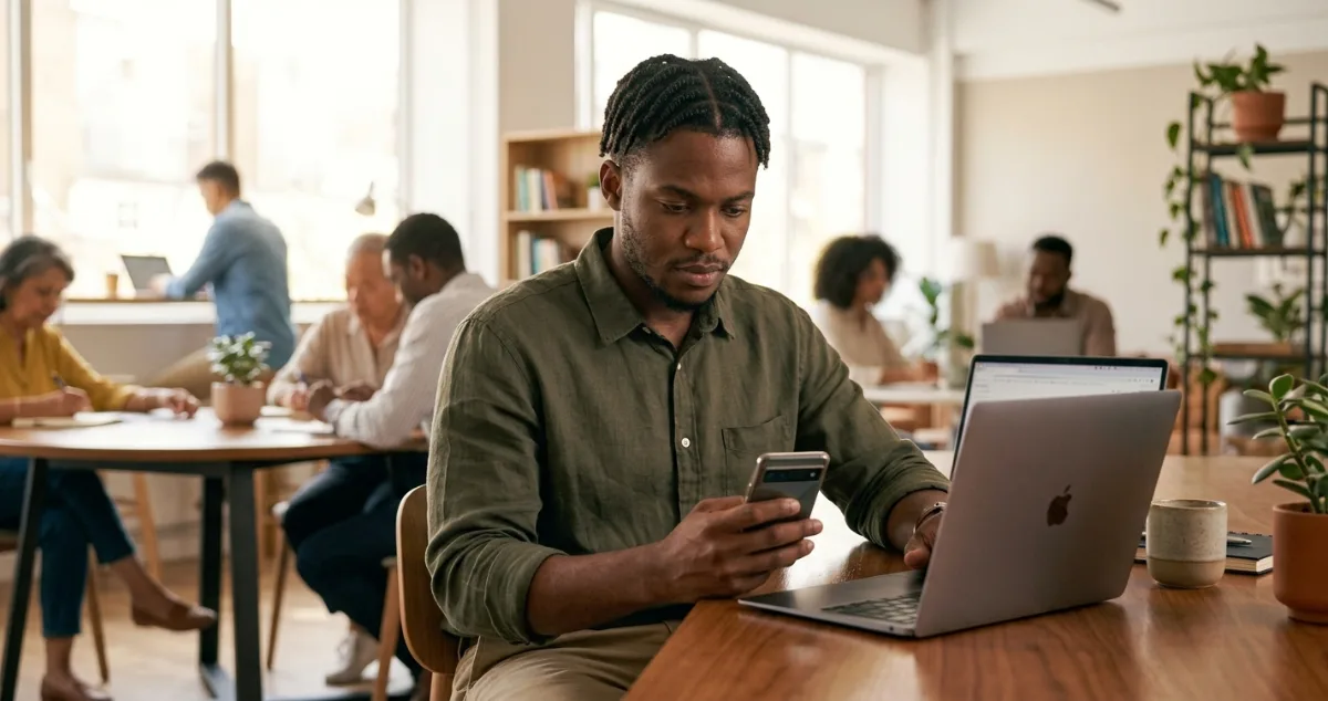 A young man working on a smartphone and laptop at a table in a bustling, open co-working space.    JPG