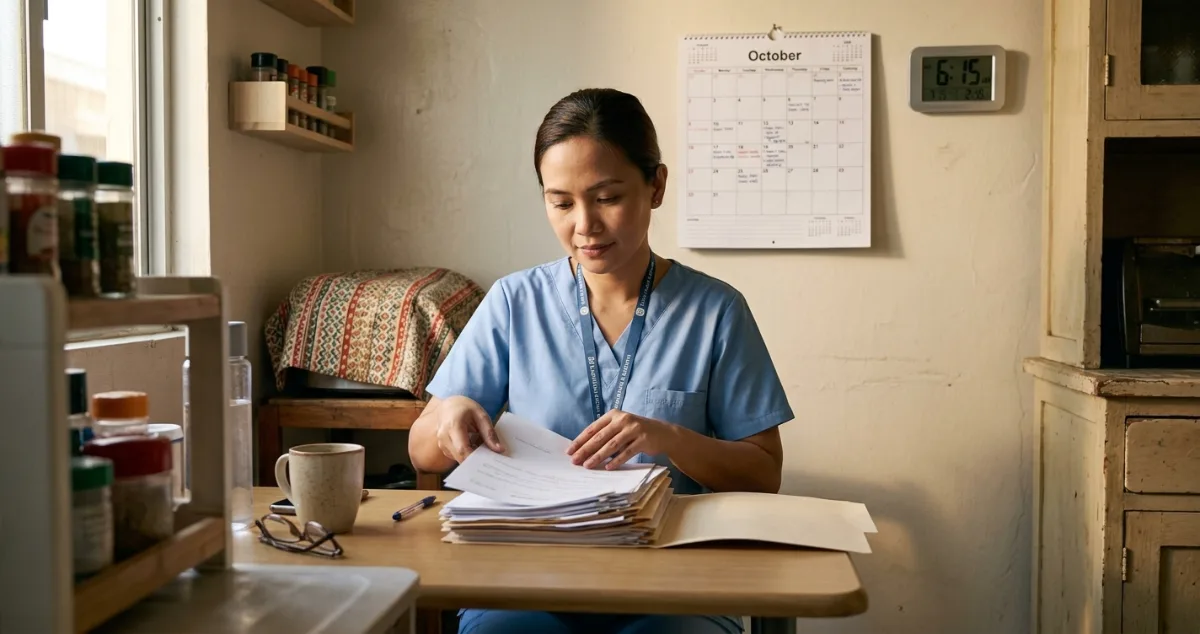 A woman in blue scrubs seated at a kitchen table, reviewing a stack of paperwork near a wall calendar.