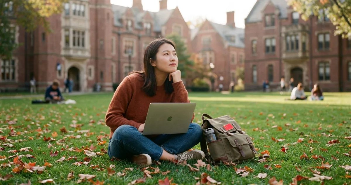 A young woman sitting cross-legged on a college lawn, looking thoughtfully into the distance with a laptop in her lap.