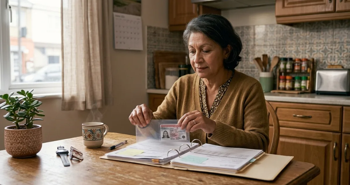 An older woman sitting at a kitchen table, placing an ID card into a clear sleeve inside an organized binder.