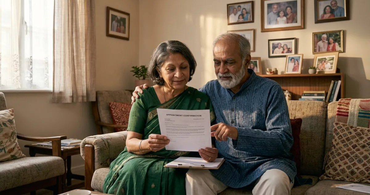 An older couple sitting together on a living room sofa, reviewing an appointment confirmation document in a warm home setting.