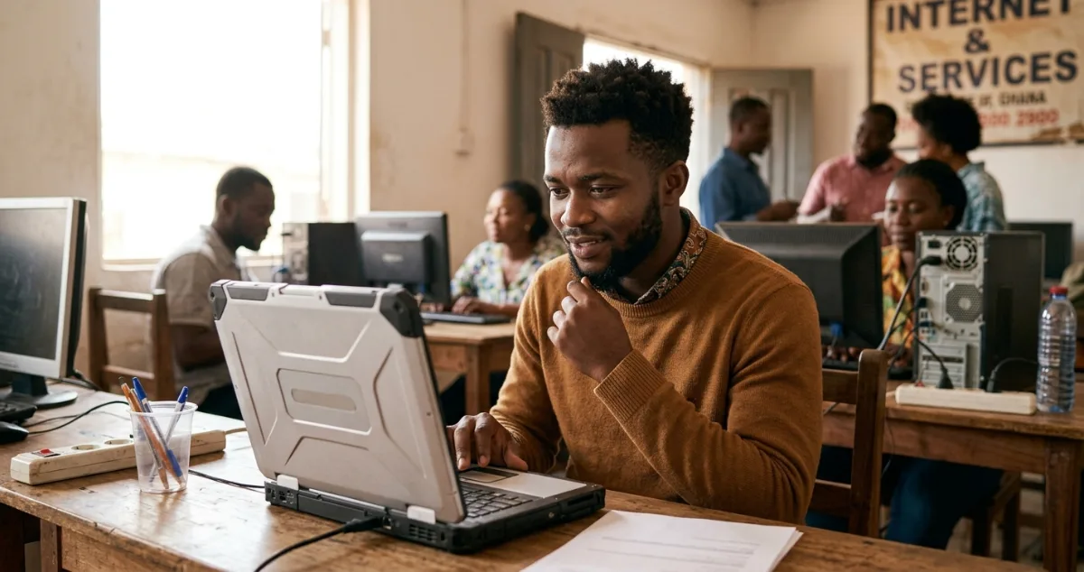 A man working thoughtfully on a laptop at a desk in a busy internet services office.