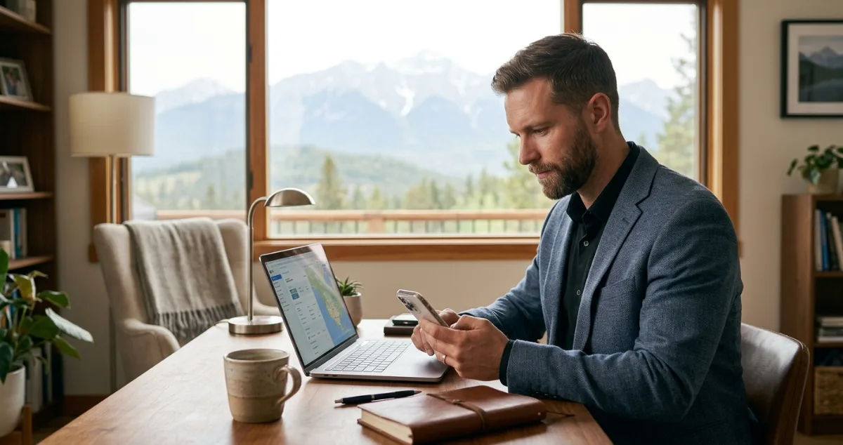 A man working thoughtfully on a laptop at a desk in a busy internet services office.