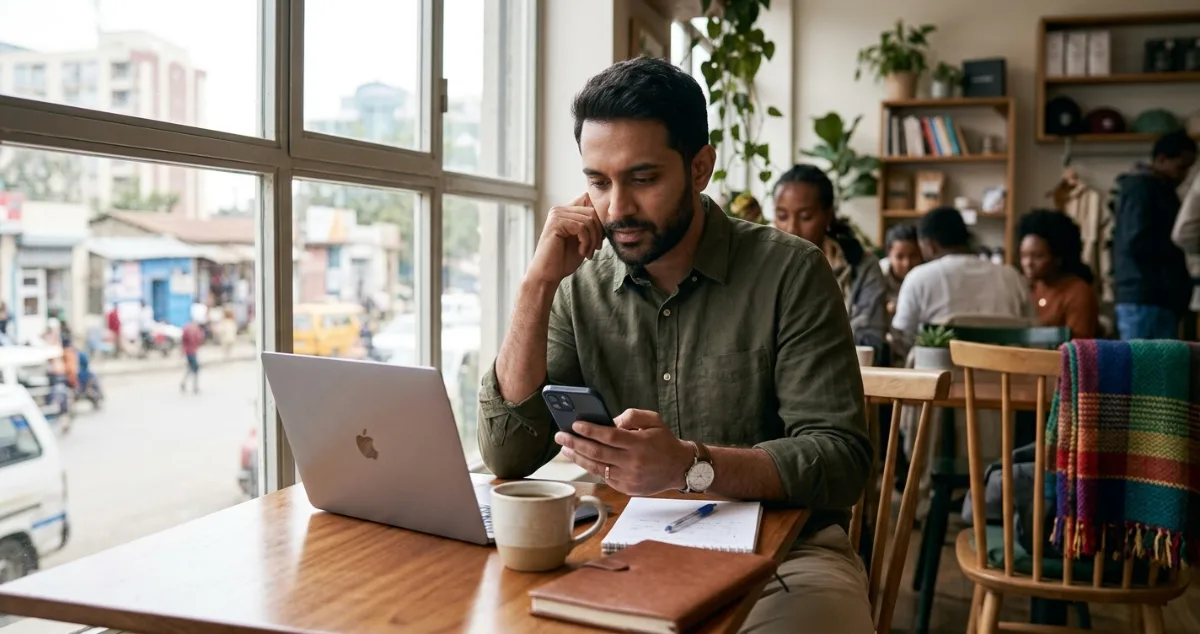 A man sitting near a large window in a coffee shop, thoughtfully checking his smartphone next to an open laptop and notebook.