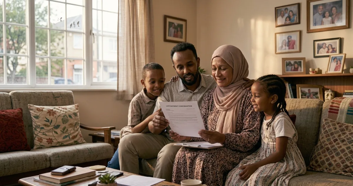 A multi-generational family sitting together on a living room sofa, happily reviewing an official appointment confirmation document.